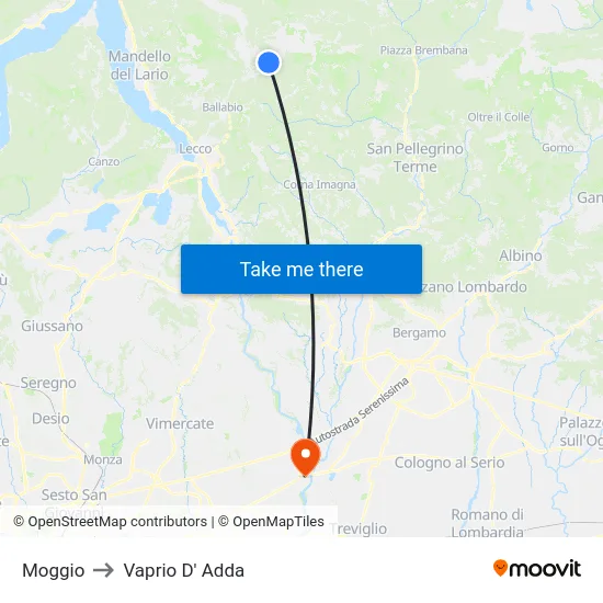 Moggio to Vaprio d'Adda map