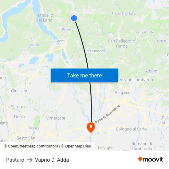 Pasturo to Vaprio D' Adda map