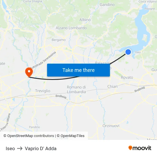 Iseo to Vaprio d'Adda map