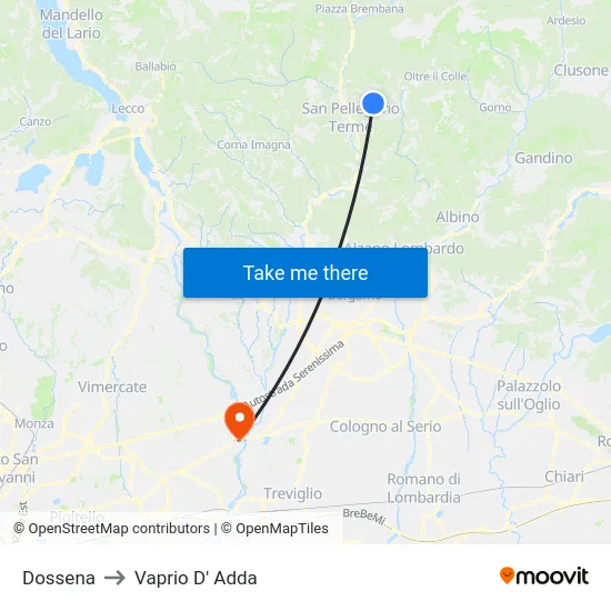 Dossena to Vaprio d'Adda map