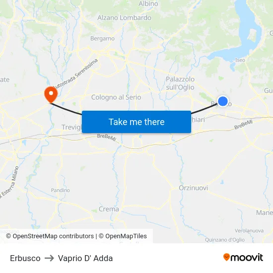 Erbusco to Vaprio d'Adda map