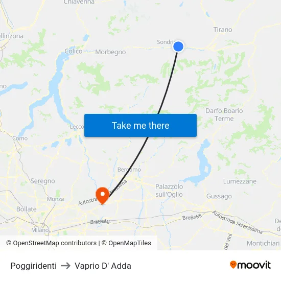 Poggiridenti to Vaprio D' Adda map
