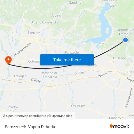 Sarezzo to Vaprio D' Adda map