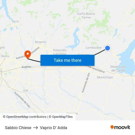 Sabbio Chiese to Vaprio D' Adda map