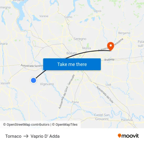 Tornaco to Vaprio d'Adda map