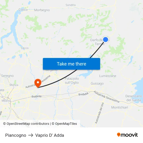 Piancogno to Vaprio d'Adda map