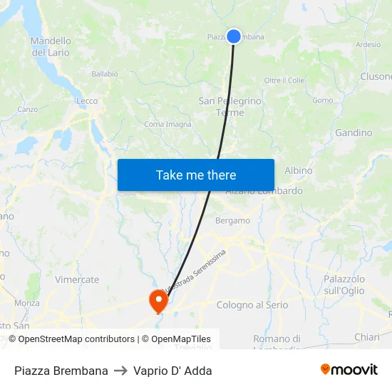 Piazza Brembana to Vaprio d'Adda map