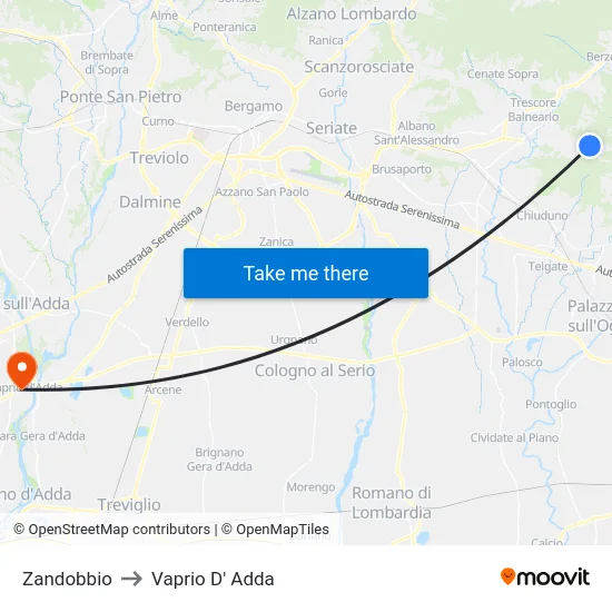 Zandobbio to Vaprio D' Adda map