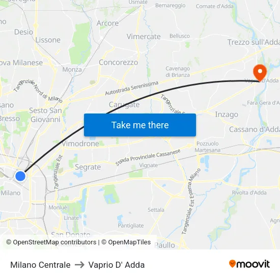 Milano Centrale to Vaprio D' Adda map
