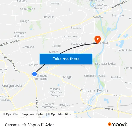 Gessate to Vaprio D' Adda map