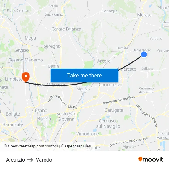 Aicurzio to Varedo map