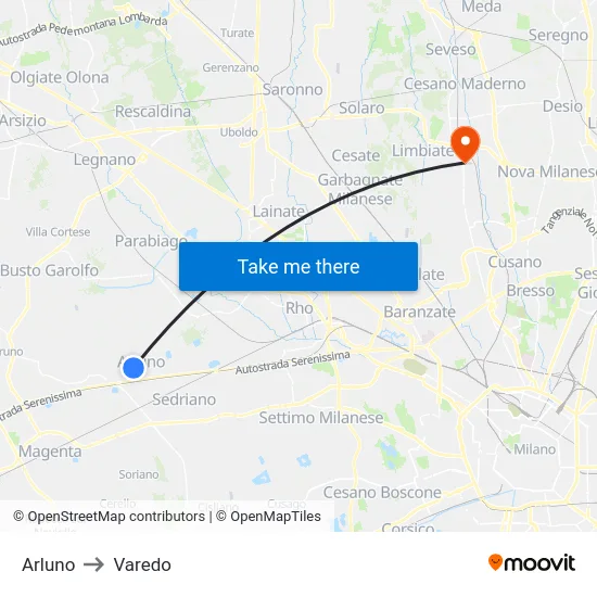 Arluno to Varedo map