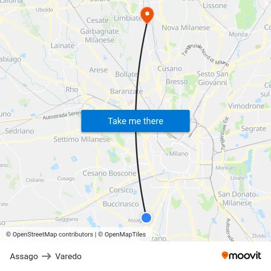 Assago to Varedo map