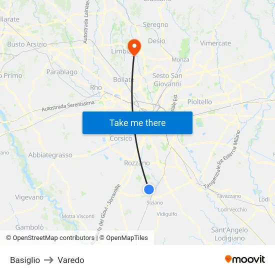 Basiglio to Varedo map