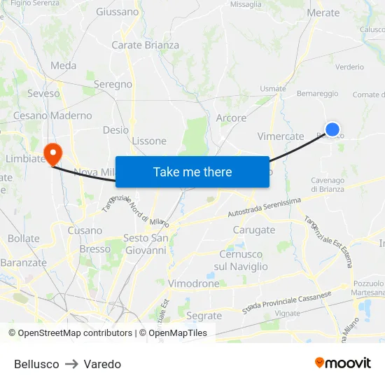 Bellusco to Varedo map