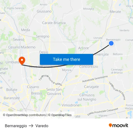 Bernareggio to Varedo map