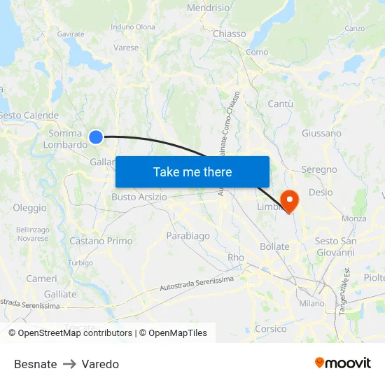 Besnate to Varedo map