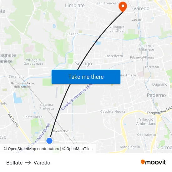 Bollate to Varedo map