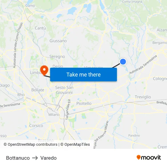 Bottanuco to Varedo map