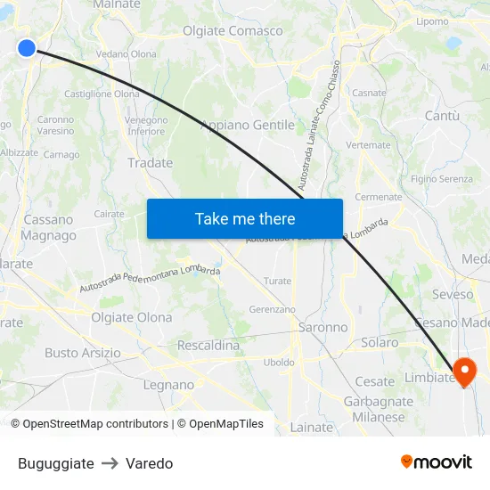 Buguggiate to Varedo map