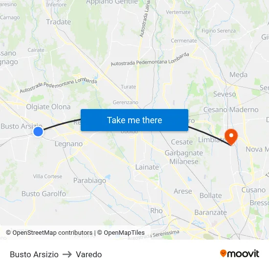 Busto Arsizio to Varedo map