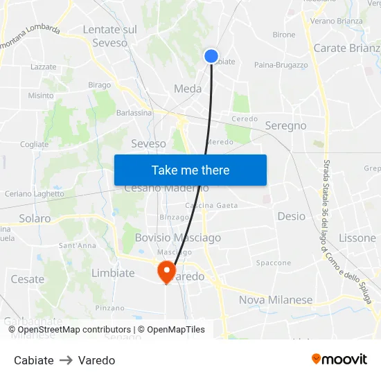 Cabiate to Varedo map