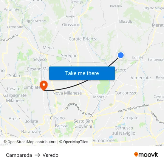Camparada to Varedo map