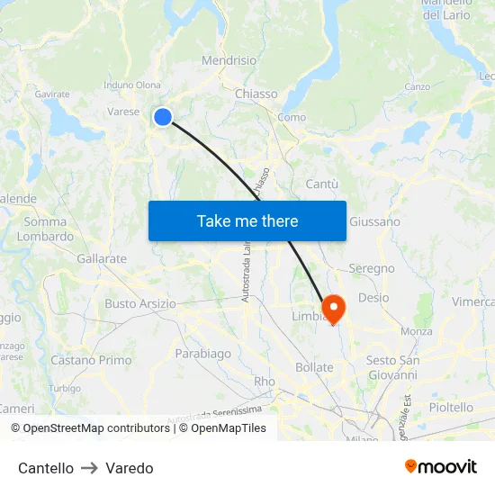 Cantello to Varedo map