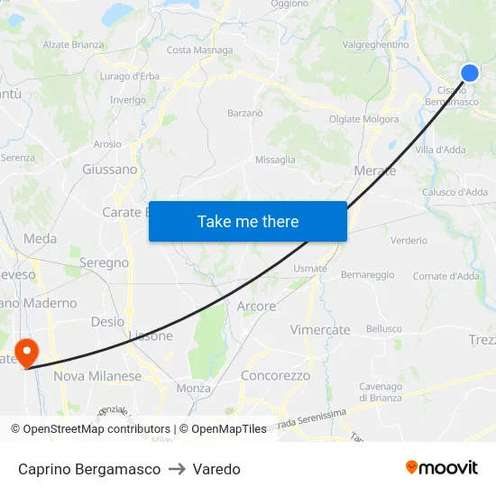 Caprino Bergamasco to Varedo map