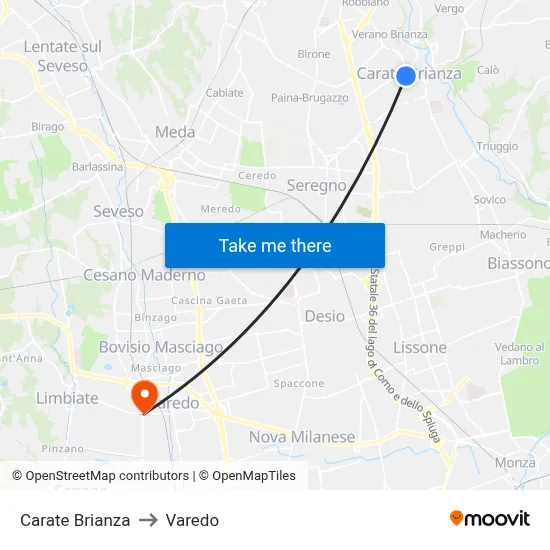 Carate Brianza to Varedo map