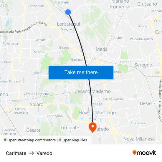 Carimate to Varedo map
