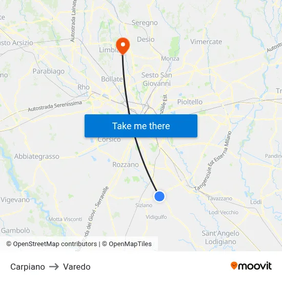 Carpiano to Varedo map