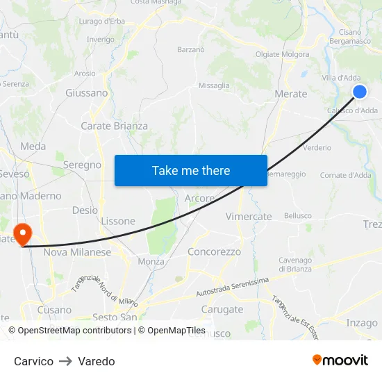 Carvico to Varedo map