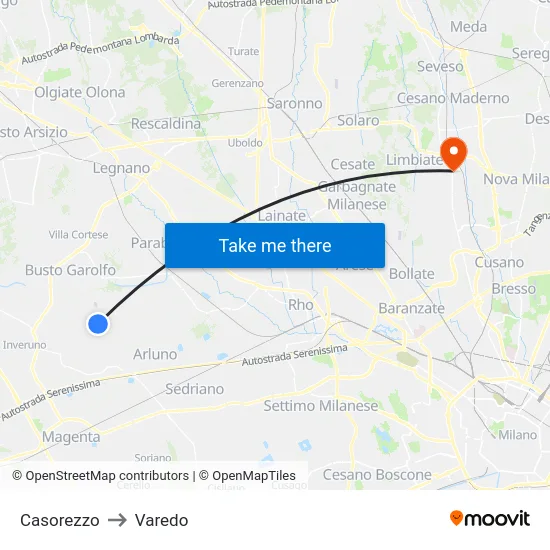 Casorezzo to Varedo map