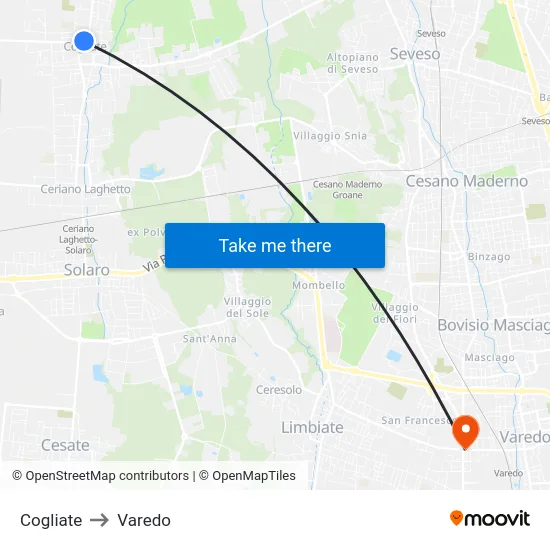 Cogliate to Varedo map