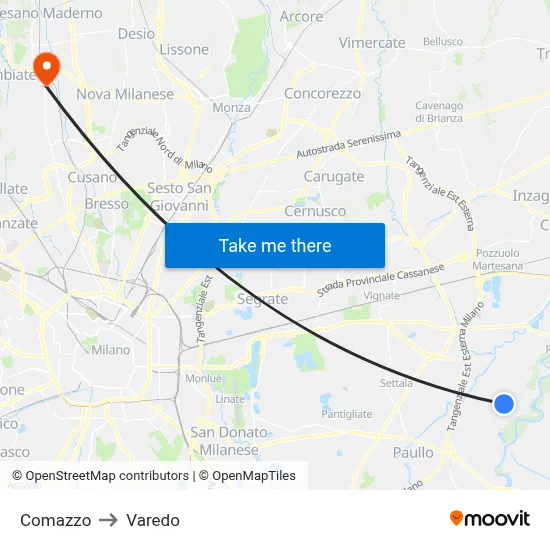 Comazzo to Varedo map
