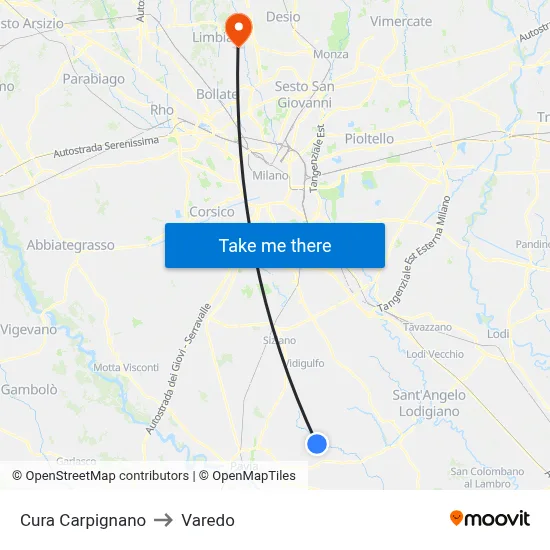 Cura Carpignano to Varedo map