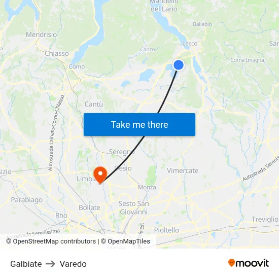 Galbiate to Varedo map