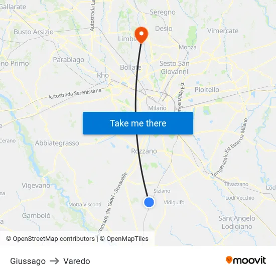 Giussago to Varedo map