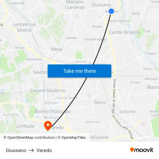Giussano to Varedo map