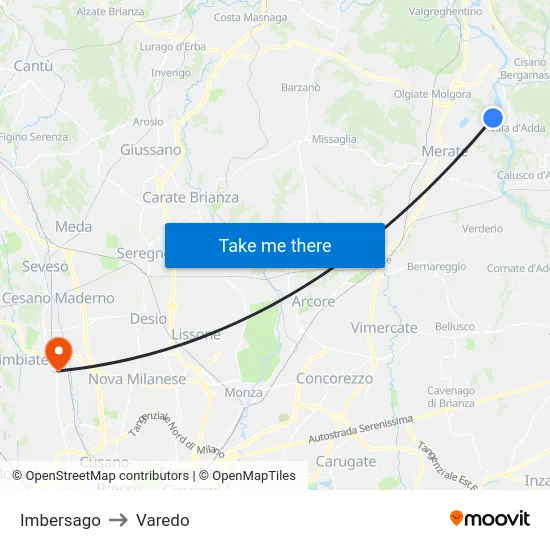 Imbersago to Varedo map