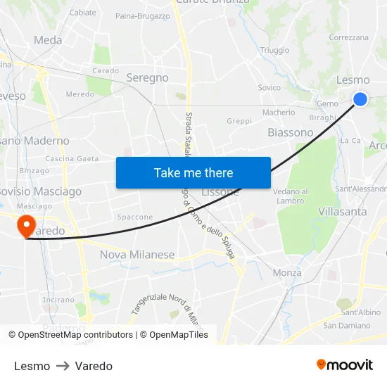 Lesmo to Varedo map