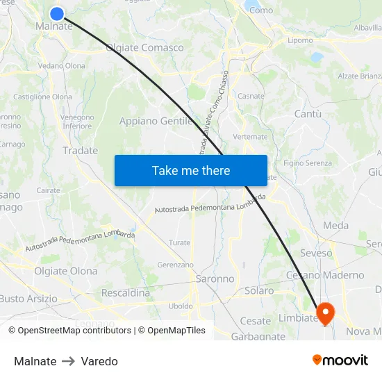 Malnate to Varedo map