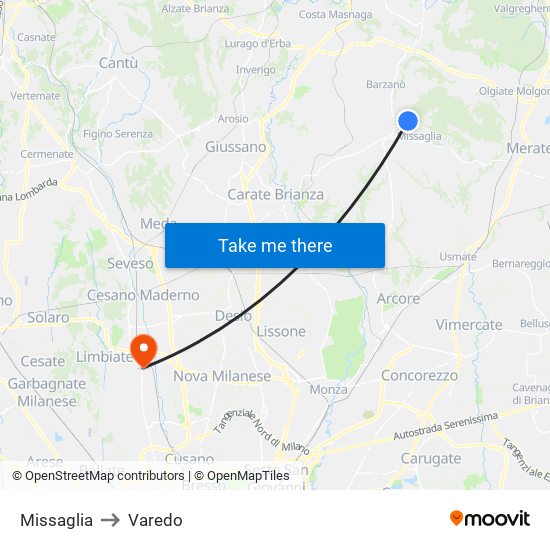 Missaglia to Varedo map