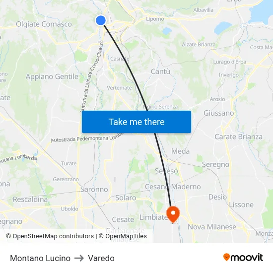 Montano Lucino to Varedo map
