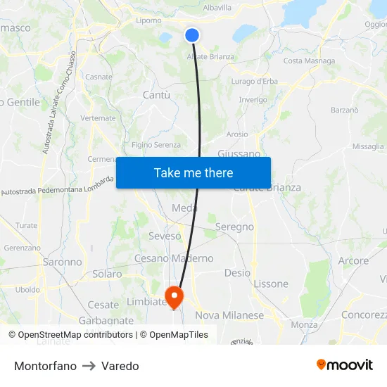 Montorfano to Varedo map