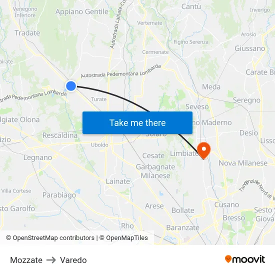 Mozzate to Varedo map