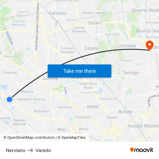 Nerviano to Varedo map