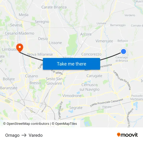 Ornago to Varedo map