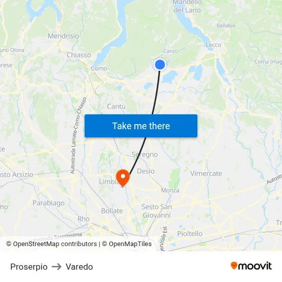 Proserpio to Varedo map